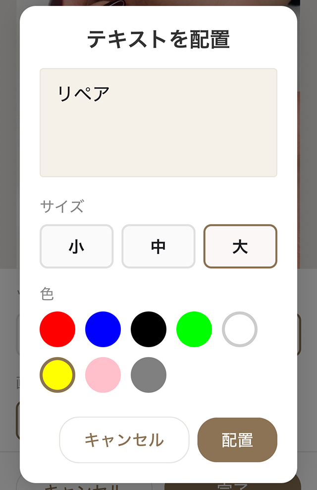 写真をタップしてテキスト入力画面を表示した画面