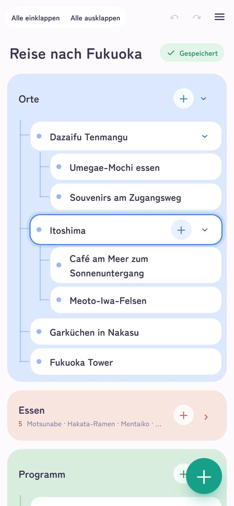 Doline auf dem Handy: eine Karte „Reise nach Fukuoka“ mit Karten für Orte, Essen und Programm