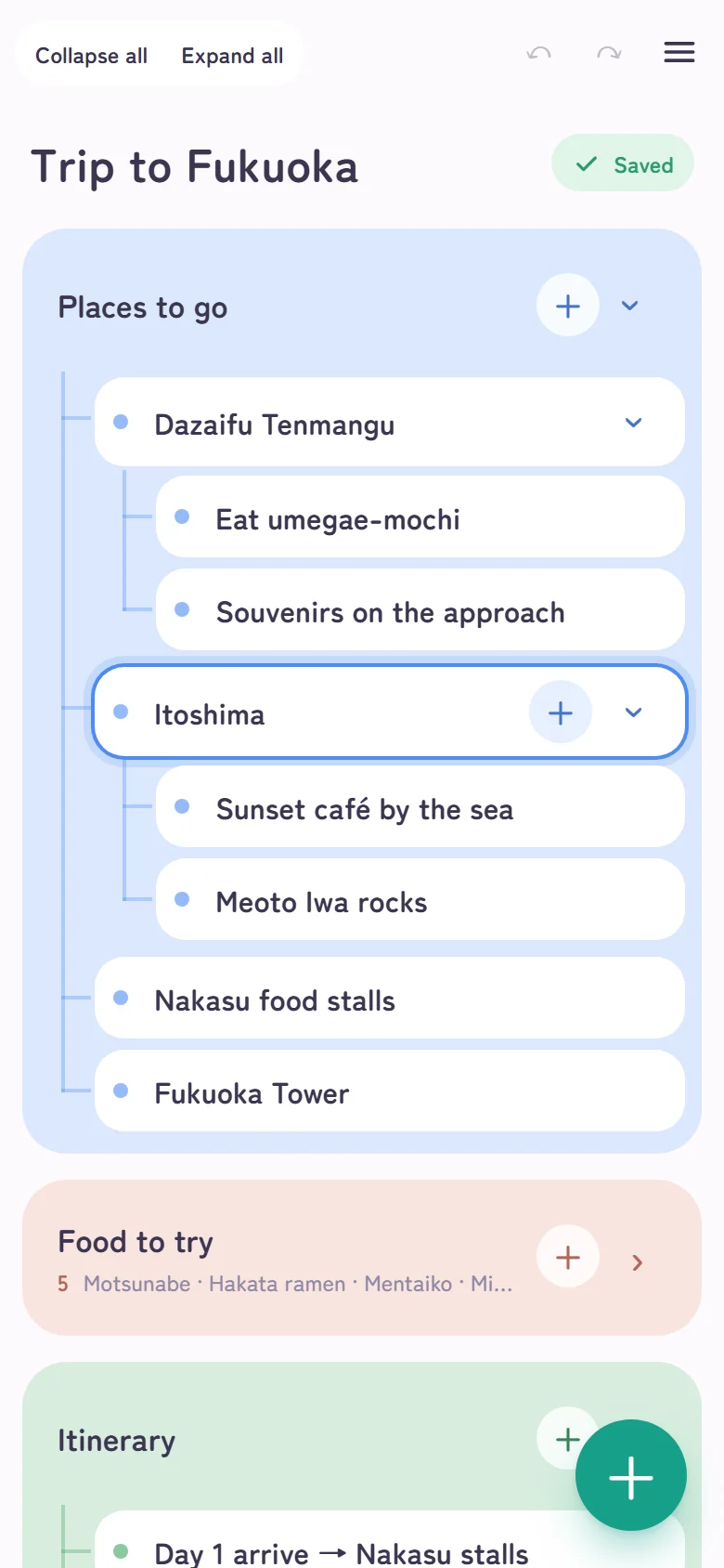 Doline on a phone: a “Trip to Fukuoka” map with cards for places, food, and the itinerary