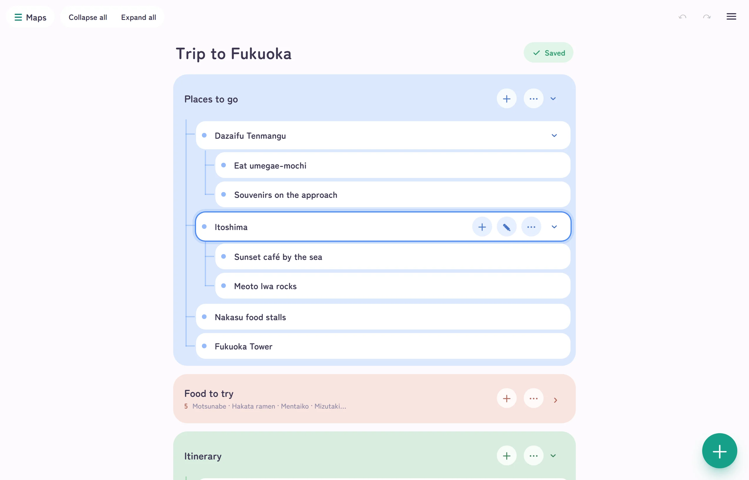 “Trip to Fukuoka” on a PC. The Places card holds Dazaifu, Itoshima, the Nakasu food stalls, and Fukuoka Tower; Itoshima contains a sunset café and the Meoto Iwa rocks. The Food card is collapsed and shows a five-item summary