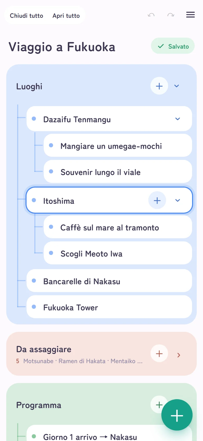 Doline su un telefono: una mappa “Viaggio a Fukuoka” con schede per luoghi, cibo e programma